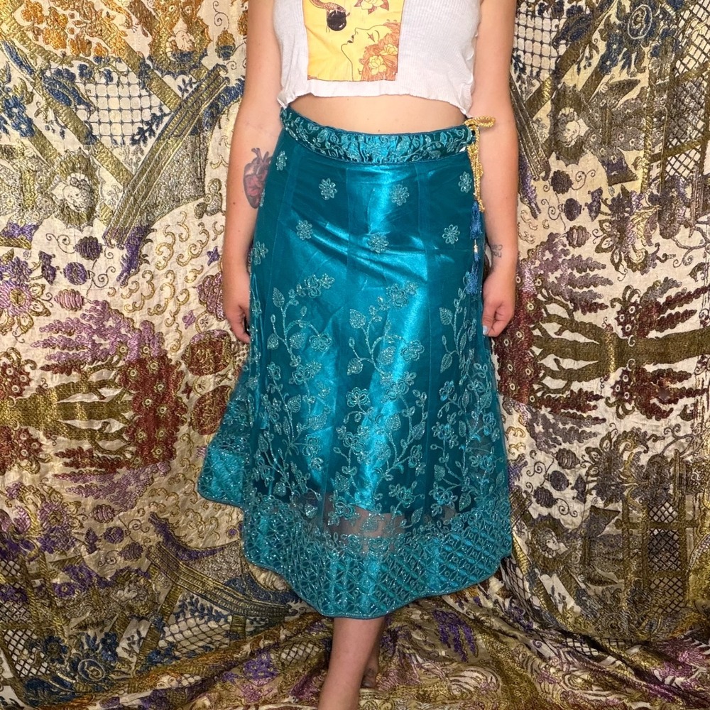 Jewel Tone Forest Fairy Embroidered Floral Tassel Tie Lehenga Skirt Size S-M
